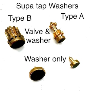 May include: Four brass tap washers, two with a valve and two without. The washers are labeled "Type A" and "Type B". The text "Valve & washer" and "Washer only" are also visible.