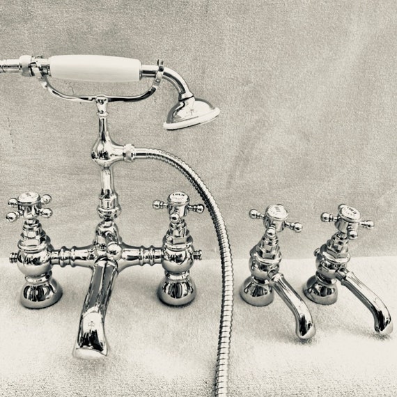 York Style Chrome plated Bath Shower mixer & Basin Pillar taps Set Traditional Antique Cross head Antique style