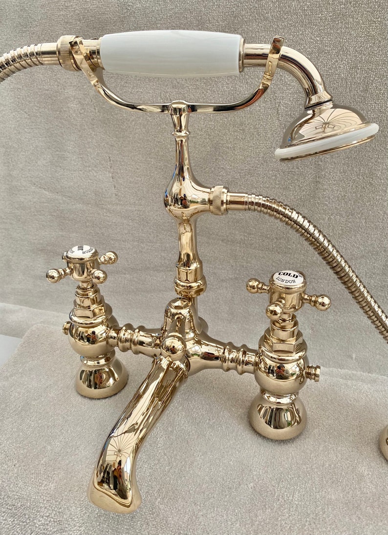 York style Basin Bath Pillar Bath mixer taps in Antique Gold Chrome Traditional York Deck mounted Cross Traditional classic Bathroom faucet image 10