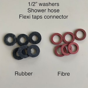 May include: Image showing two sets of washers. One set is black rubber, the other is red fibre. Text at the top reads "1/2" washers, Shower hose, Flexi taps connector."