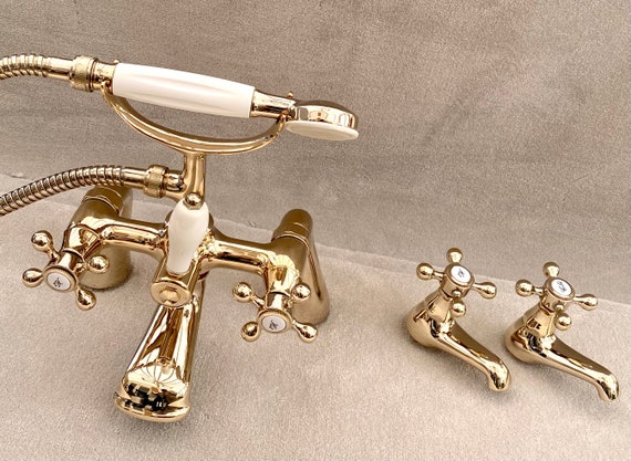 Royal Antique Gold Bath mixer & Basin Pillar taps pair traditional cross head vintage classic old fashioned Victorian handset hose optional