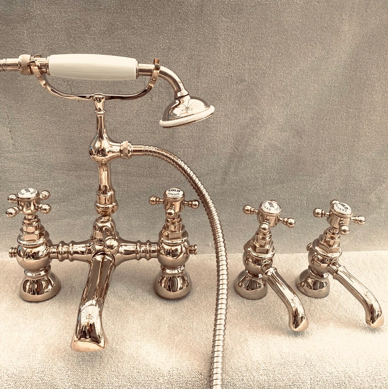 York style Basin Bath Pillar Bath mixer taps in Antique Gold Chrome Traditional York Deck mounted Cross Traditional classic Bathroom faucet image 9