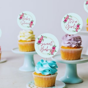 Its a girl baby shower cupcake toppers, floral baby shower, instant downloadable editable cupcake toppers