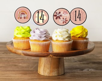 Boho girl fourteenth birthday editable cupcake toppers, 14th birthday boho girl party decor, instant downloadable boho girl cake decoration