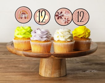 Boho girl twelfth birthday editable cupcake toppers, 12th birthday boho girl party decor, instant downloadable boho girl cake decoration