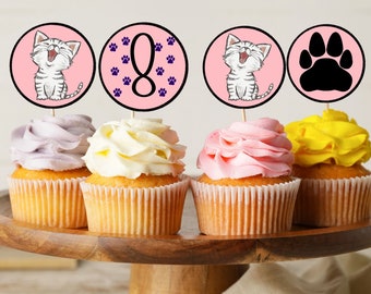 Kitty cat eighth birthday editable cupcake toppers, 8th birthday kitty cat girl party decor, instant downloadable cat cake decoration