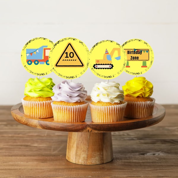 Tenth birthday construction cupcake toppers, 10th birthday construction zone party decor, instant downloadable construction cake decoration