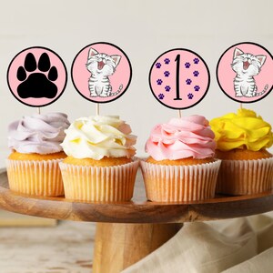 Kitty cat first birthday editable cupcake toppers, 1st birthday kitty cat girl party decor, instant downloadable cat cake decoration