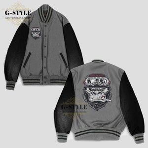 Spinespark Gray & Black Monkey Custom Patch Varsity Letterman Baseball Jacket | Gift For Him | Gift For Her |