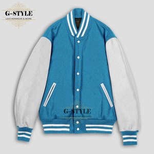 Spinespark Sky Blue & White, Varsity Jacket, Bomber Jacket, Aesthetic Streetwear Baseball Jacke