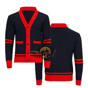 Handgefertigte Kleidung Wolle gestrickt Strickjacke Schwarz und Rot Schule College Abschluss Abschluss Senior Bild Brief Griechische Jacquard Bekleidung Pullover