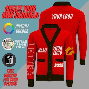 Suéter de punto tipo cárdigan personalizado con el logotipo de la escuela, regalo de graduación, fotos personalizadas de jugador universitario o animadora bordadas.