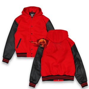 May include: A red hooded varsity jacket with black leather sleeves. The jacket has a button-up front, a hood, and black and red striped cuffs and hem. The jacket is displayed from the front and back.