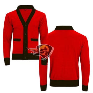 May include: A red cardigan sweater with black trim on the collar, pockets, and cuffs. The sweater has a V-neck and button-up front. The image shows both the front and back of the sweater.