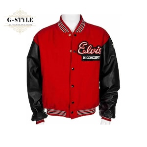 Elvis Presley Red Wool Varsity Baseball Bomberjacke Schwarz aus reinem Leder Ärmeln