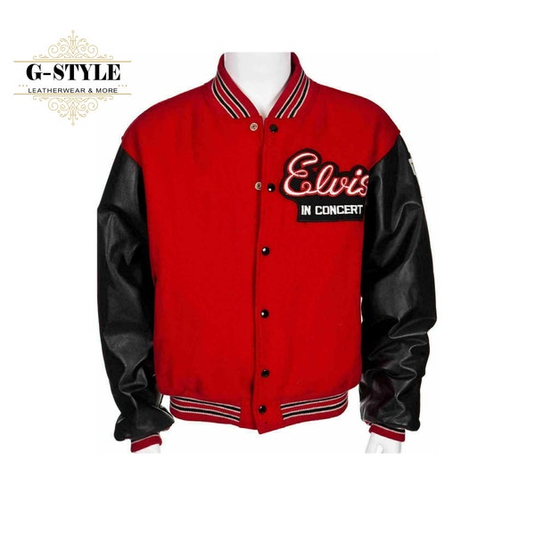 Elvis Presley Red Wool Varsity Baseball Bomberjacke Schwarz aus reinem Leder Ärmeln