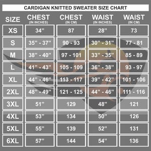 May include: A size chart for cardigan knitted sweaters, displaying chest and waist measurements in inches and centimeters. Sizes range from XS to 6XL, with corresponding measurements for each size. The chart includes chest measurements from 34" to 57" and waist measurements from 28" to 54".