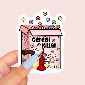 CEREAL KILLER Wortspiel Aufkleber | Rosa Aufkleber |  Wasserdicht | für Journals, Wasserflaschen, Laptops & Kindle | Mit einem glänzenden Vinyl fertig