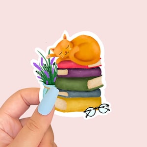 CAT ON BOOKS Vinyl Sticker | Sleeping Cat on Books | Water Resistant | Waterbottle/iPad/Kindle/Laptop/ Journal/Planner Sticker