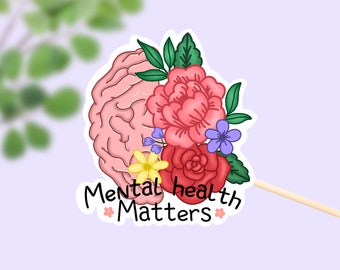 Mental Health Sticker, Floral Brain "Mental Health Matters" Waterproof Sticker, Car Sticker, Planner Sticker, Laptop Sticker