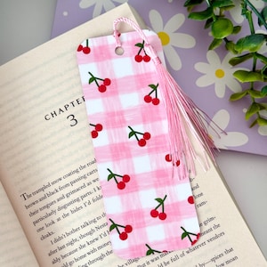 CHERRY MATTE LAMINATED Bookmark with Pink Tassel  | Cute Handmade Book Tracker | Booktok | Bookworm | Cute Bookmark Club