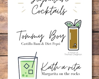 Individualisierbares Hochzeitsgetränk und Cocktailmenü