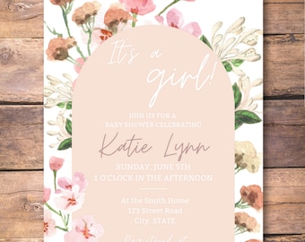Individualisierbare It es A Girl Floral Baby Shower Einladung Vorlage