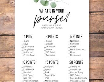 Eukalyptus Brautparty Was ist in deiner Handtasche Spiel