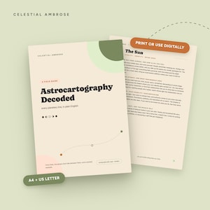Könnte beinhalten: Ein digitaler Feldführer mit dem Titel Astrocartography Decoded mit cremefarbenem Hintergrund, schwarzem Text sowie grünen und rosafarbenen Akzenten. Das Dokument enthält Abschnitte zu Planetenlinien, der Sonne und Identität, verfügbar in A4 und US Letter.