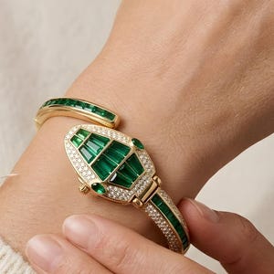 Emerald Bangle Bracelet: Hidden Dial Watch for Women, Snake Jewelry, Elegant Gift for Her
