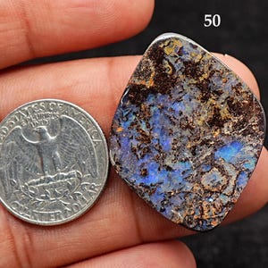 Puede incluir: Una piedra preciosa de ópalo boulder pulida con una matriz marrón oscura y destellos iridiscentes azules y morados, colocada junto a una moneda de cuarto de dólar estadounidense para escala, con el número 50 impreso en la esquina superior derecha.