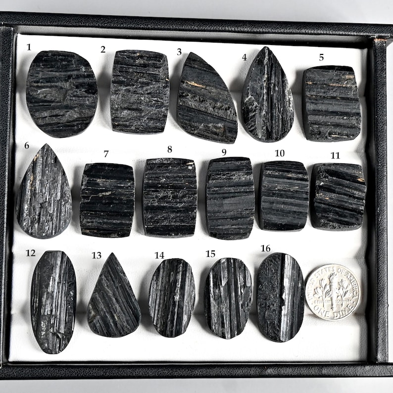 May include: A collection of sixteen black tourmaline gemstones in various shapes, including oval, rectangular, and teardrop. The stones are displayed in a black tray, with a US dime for size comparison. The tourmaline pieces have a striped texture.