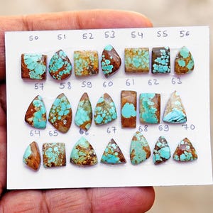 Puede incluir: Una tarjeta de presentaci&oacute;n blanca con veintiuna piedras preciosas de turquesa dispuestas en tres filas. Cada piedra est&aacute; numerada del 50 al 70 y presenta varias formas, incluyendo cuadrados, tri&aacute;ngulos y gotas con patrones de matriz marr&oacute;n.