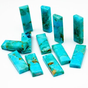 May include: Rectangular turquoise gemstones with natural brown veining. The stones are a vibrant blue-green color and are arranged on a white surface. These polished stones are ideal for jewelry making or other craft projects.