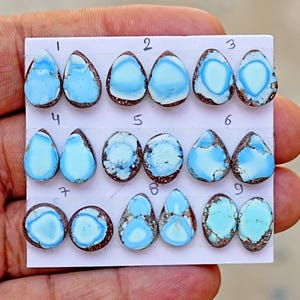 May include: A collection of eighteen polished cabochon gemstones arranged in nine numbered pairs on a white display card. Each stone features a vibrant sky-blue center with a distinct white halo and a dark brown, textured matrix border.