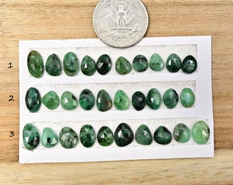 1 Strip Emerald Rosecut, Faceted Emerald Cabochons, Rose Cut Free Form Faceted Emerald Cab, Tear Drop Emerald Rosecut Flat Back