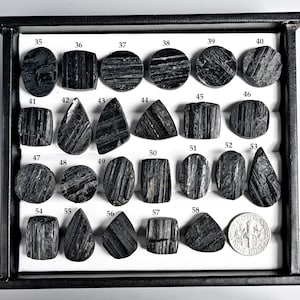 May include: A collection of polished black tourmaline gemstones in various shapes, including round, oval, and teardrop. Each stone is numbered and displayed in a black tray, with a dime for size comparison. The stones have a striped texture.