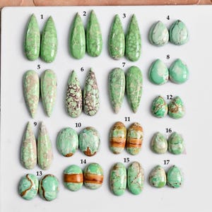 May include: A collection of various green and brown gemstone cabochons, including oval, teardrop, and rounded shapes. The gemstones have unique patterns and textures, with some featuring brown matrix. The cabochons are numbered 1 through 17.