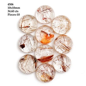 10 peças de cobre rutilado quartzo liso cabochão, calibrado 10 x 10 mm formato redondo cabochão atacado lote inteiro de pedras preciosas para fazer joias