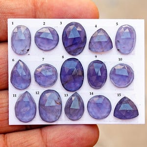 Peut inclure: Une collection de quinze pierres précieuses violet-bleu taillées à facettes, de formes variées : ovales, en goutte et triangulaires. Les pierres sont disposées sur une carte blanche, chacune numérotée. Les gemmes présentent différentes intensités de couleur et de clarté.