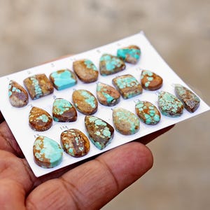 Puede incluir: Una colecci&oacute;n de diecisiete cabujones de turquesa pulidos dispuestos sobre una tarjeta blanca, cada uno etiquetado con un peque&ntilde;o n&uacute;mero escrito a mano. Las piedras muestran diversas formas, incluyendo gotas y rect&aacute;ngulos, con patrones de matriz marr&oacute;n.