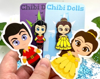Beauty and the Beast Enamel Pin & Sticker Bundle - Chibi Belle and Gaston