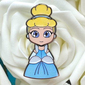 Cinderella Fantasy Pin / Glittery Blue Dress / Cute Chibi Style / Hard Enamel Pin / Fairy Tale Princess