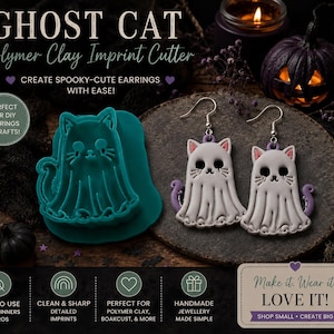 May include: A teal-coloured ghost cat polymer clay imprint cutter alongside two finished ghost cat earrings. The earrings are white with pink-lined ears and purple tails, featuring silver-toned earring hooks. Text includes GHOST CAT.