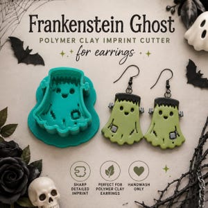 May include: A teal polymer clay imprint cutter shaped like a ghost with Frankenstein features, alongside a pair of matching light green ghost earrings with black hair and silver bolts, featuring the text Frankenstein Ghost Polymer Clay Imprint Cutter.