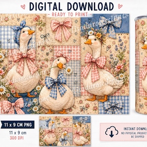 May include: A digital download file featuring a patchwork pattern with three white geese wearing pink and blue bows and floral crowns. The design includes daisies and hearts on a blue and beige background, presented as an A4 PNG, an 11 x 9 cm PNG, and a 20 oz skinny tumbler wrap.