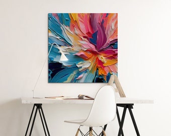 May include: Abstract painting with vibrant colors, including blue, pink, yellow, and orange. The paint is applied in thick strokes, creating a textured effect. The painting is framed and hanging on a white wall.