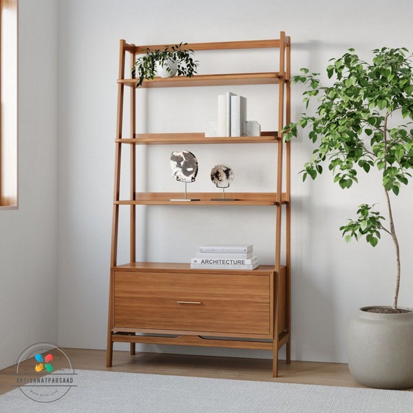 Bookshelf, Mid-Century Solid Wood Bookshelf 97cm: Handmade Unique Design for Stylish Storage, Wooden Bookcase with Shelf Storage with Drawer
