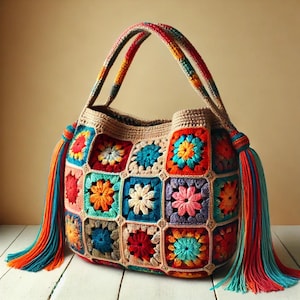 Lebhaftes gehäkeltes Blumenmuster - Oma Quadratisches Schultertaschenmuster - Stilvolle DIY-Tasche mit Quasten und Griffen