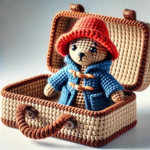 Schema all'uncinetto: Orsetto ispirato a Paddington con valigia da viaggio – Tutorial PDF Amigurumi